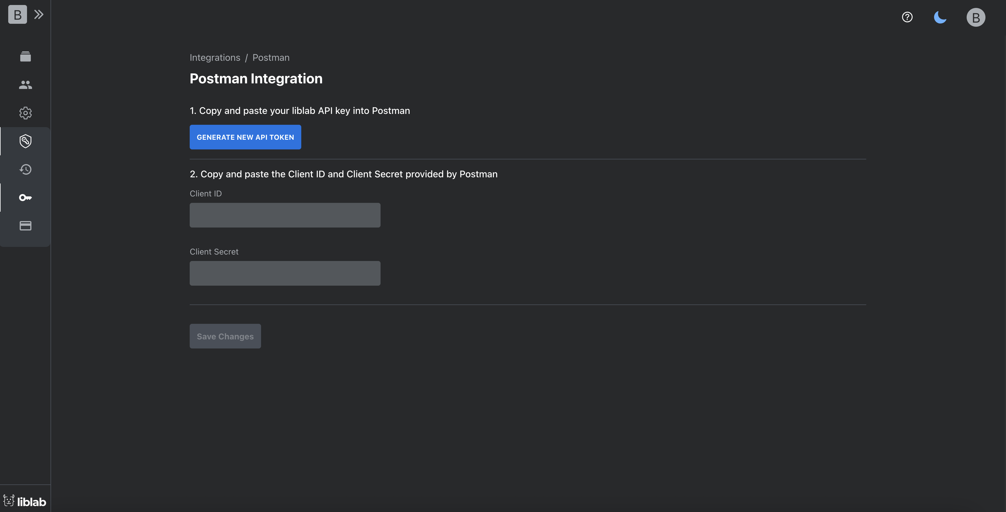 A screenshot of the liblab API token screen