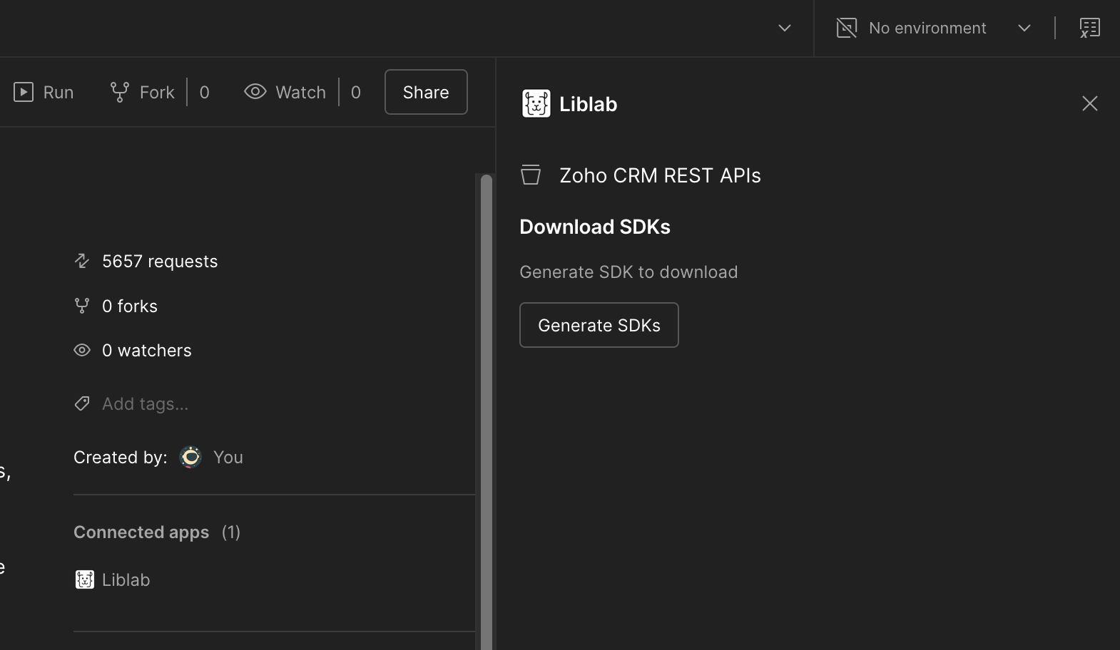 A screenshot of liblab&#39;s app page within Postman where a &quot;Generate SDKs&quot; button exists