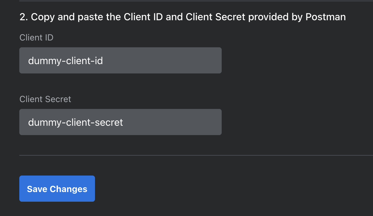 A screenshot of where to enter Postman credentials in liblab