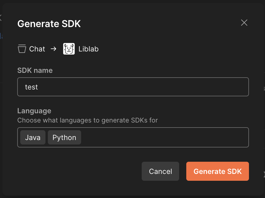 A screenshot showing a modal prompt of SDK details to provide to liblab before generation begins