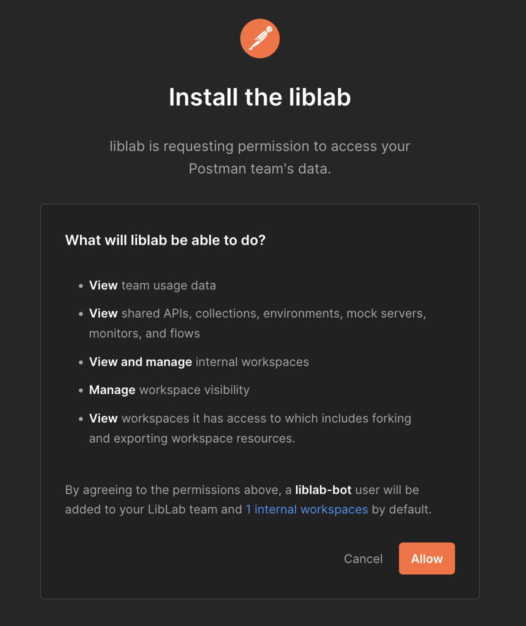 A screenshot of the Postman permissions consent screen for liblab