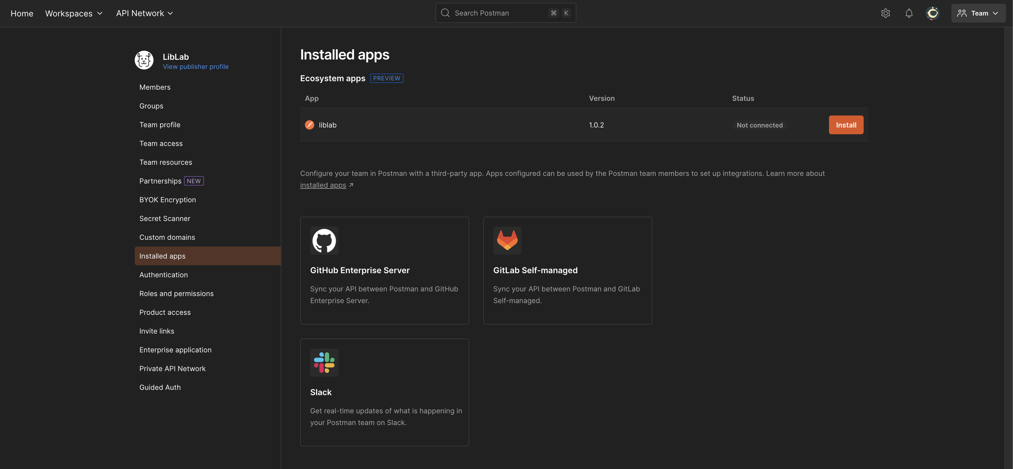 A screenshot of the Postman team management screen showing the installed apps section