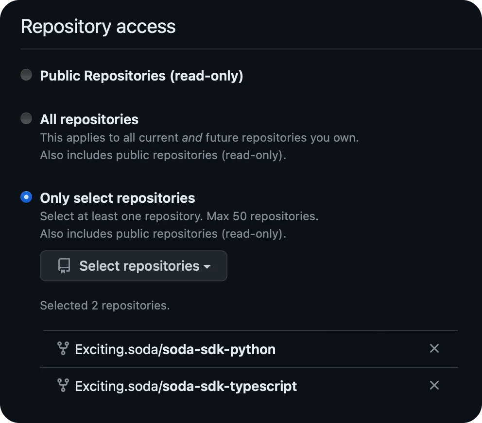 The repositories list with 2 SDK repos selected, python and typescript