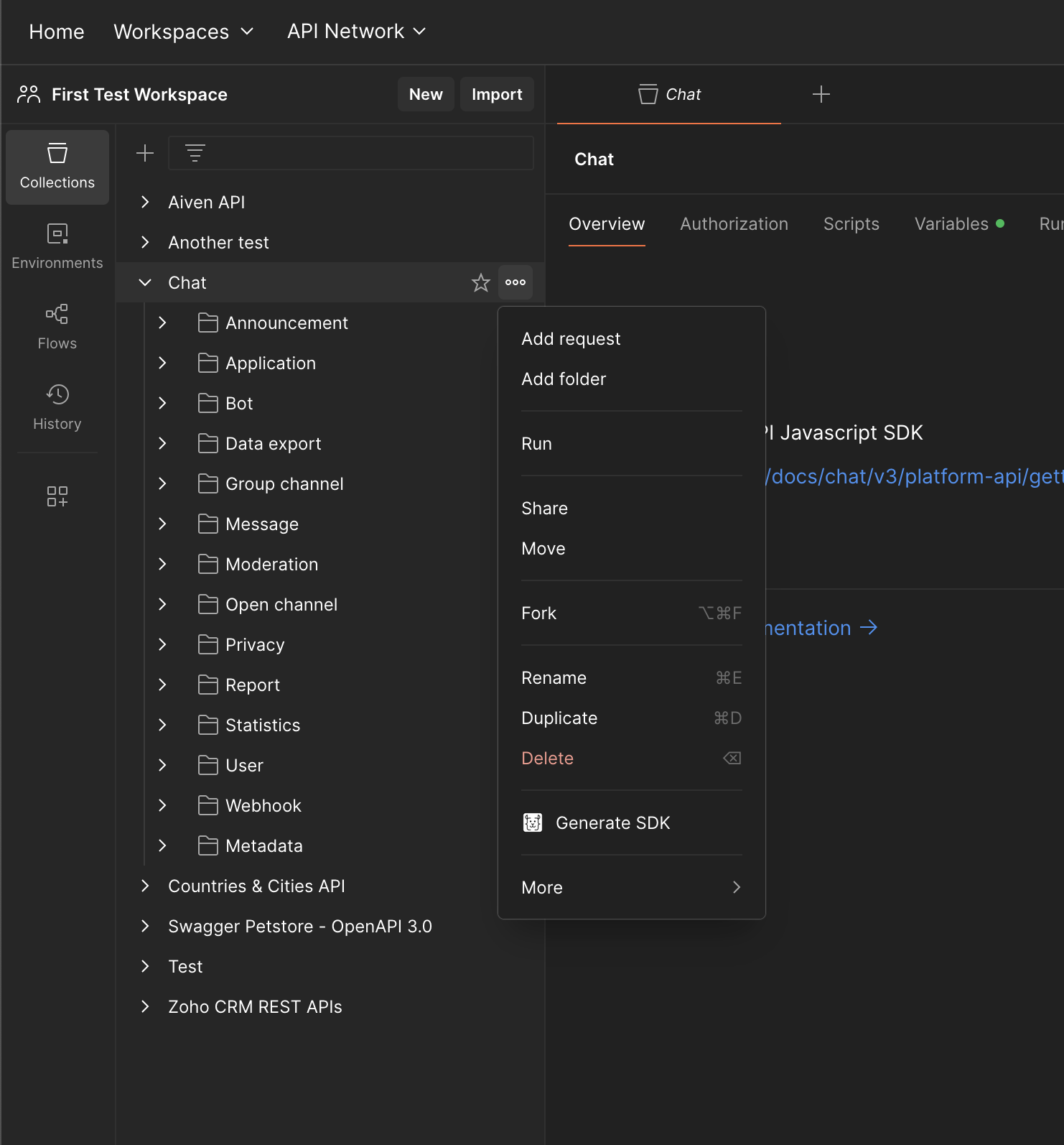A screenshot of the 3-dot menu on a collection demonstrating the liblab &quot;Generate SDKs&quot; button